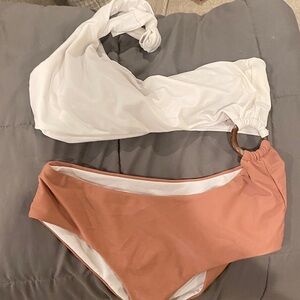 SHEIN White and Tan One-Shoulder Bikini